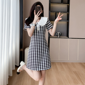 RM14430#千鸟格连衣裙娃娃领时尚气质连衣裙