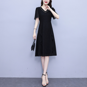 RM15328#大码女装2023年夏季新款韩版胖MM气质显瘦V领修身雪纺连衣裙