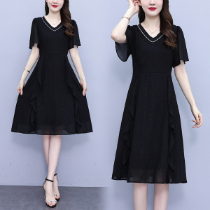 RM15328#大码女装2023年夏季新款韩版胖MM气质显瘦V领修身雪纺连衣裙