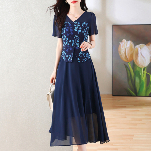 RM15110#夏季新款中袖拼接高腰长裙领撞色印花大摆雪纺气质连