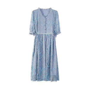 RM15299#蓝色V领桑蚕丝连衣裙女重工刺绣2023夏季新款收腰显瘦真丝直筒裙