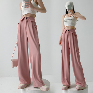 RM15623#粉色工装裤女夏高腰显瘦垂感阔腿窄版休闲美式设计感高品西裤