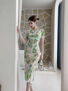 V-neck floral long dress 2023 new sexy short sleeved mesh dress summer