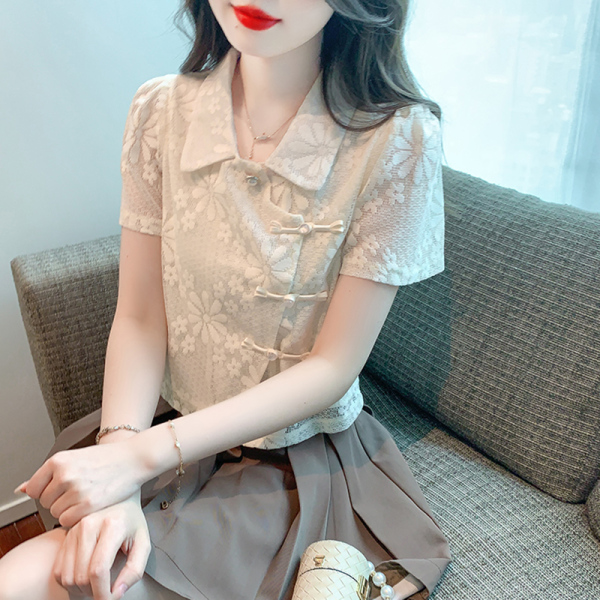 RM20141#夏季国风钩花蕾丝衫衬衫改良中式盘扣小衫上衣