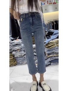 RM14711#梨型身材烟管牛仔裤子女大码夏季薄款弹力显瘦八分直筒裤