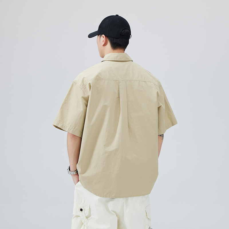 實拍冰絲短袖襯衫男大碼夏季薄款潮牌日系休閑翻領工裝襯衣外套