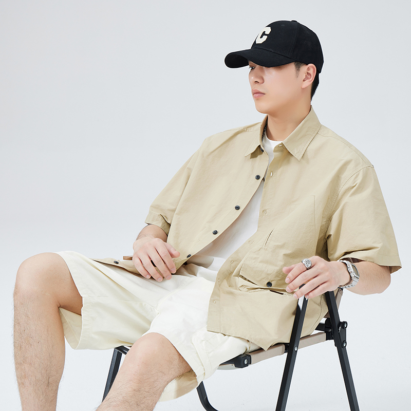 實拍冰絲短袖襯衫男大碼夏季薄款潮牌日系休閑翻領工裝襯衣外套