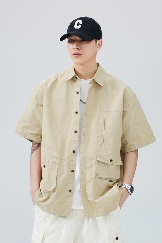 實拍冰絲短袖襯衫男大碼夏季薄款潮牌日系休閑翻領工裝襯衣外套