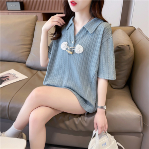 RM16806#短袖T恤女新款设计感牛角扣Polo领宽松大码女装韩版撞色上衣