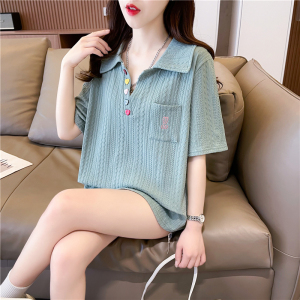 RM16807#短袖T恤女夏新款设计感口袋Polo领宽松大码女装韩版时髦上衣