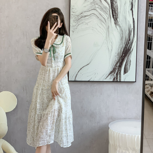 RM14452#绿色碎花连衣裙女2023夏季新款法式气质淑女温柔风雪纺裙子