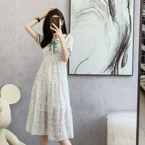 RM14452#绿色碎花连衣裙女2023夏季新款法式气质淑女温柔风雪纺裙子
