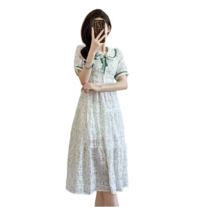 RM14452#绿色碎花连衣裙女2023夏季新款法式气质淑女温柔风雪纺裙子