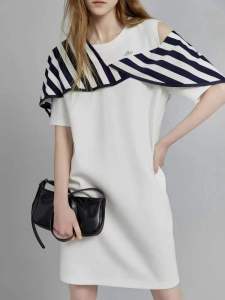 RM14322#白色设计感宽松露肩连衣裙女2023夏季新款通勤风简约小众裙子