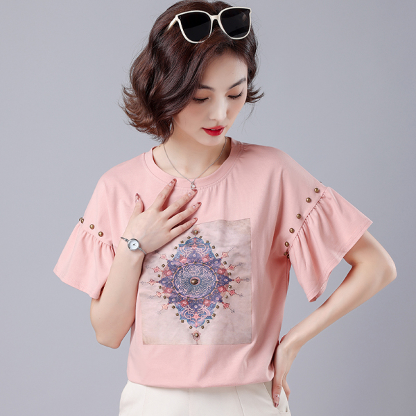 RM14505#夏季新款纯棉印花钉珠荷叶边洋气宽松小衫短袖T恤上衣