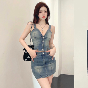 Tank top spicy girl top women's high waisted buttocks wrapped half length skirt two piece suit trend
