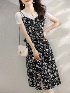 RM14546#假两件印花裙子夏季休闲减龄百搭气质显瘦优雅开叉短袖连衣裙女士
