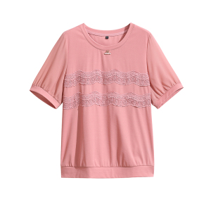 RM14477#夏季新款时尚气质圆领套头蕾丝拼接中年妈妈减龄小衫女