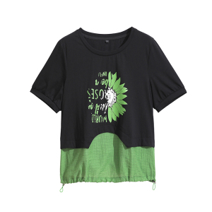RM14478#夏季新款中年妈妈韩版宽松显瘦圆领套头撞色印花拼接T恤