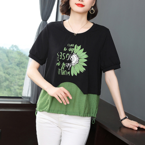 RM14478#夏季新款中年妈妈韩版宽松显瘦圆领套头撞色印花拼接T恤
