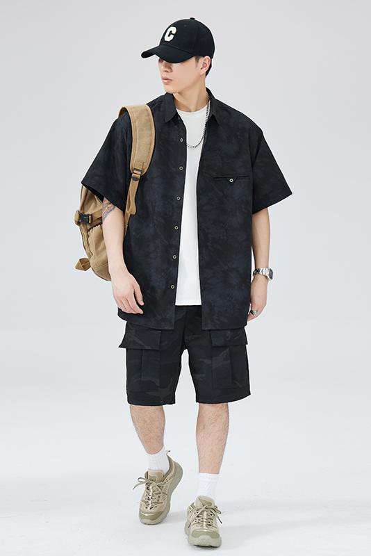 實拍夏季潮牌寬松大碼休閑短袖日系復古簡約高級感痞帥襯衫男
