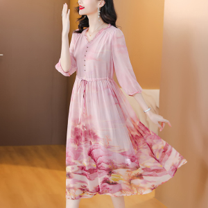 RM15945#品牌真丝连衣裙夏2023新款收腰法式优雅桑蚕丝裙高端大牌气质长裙