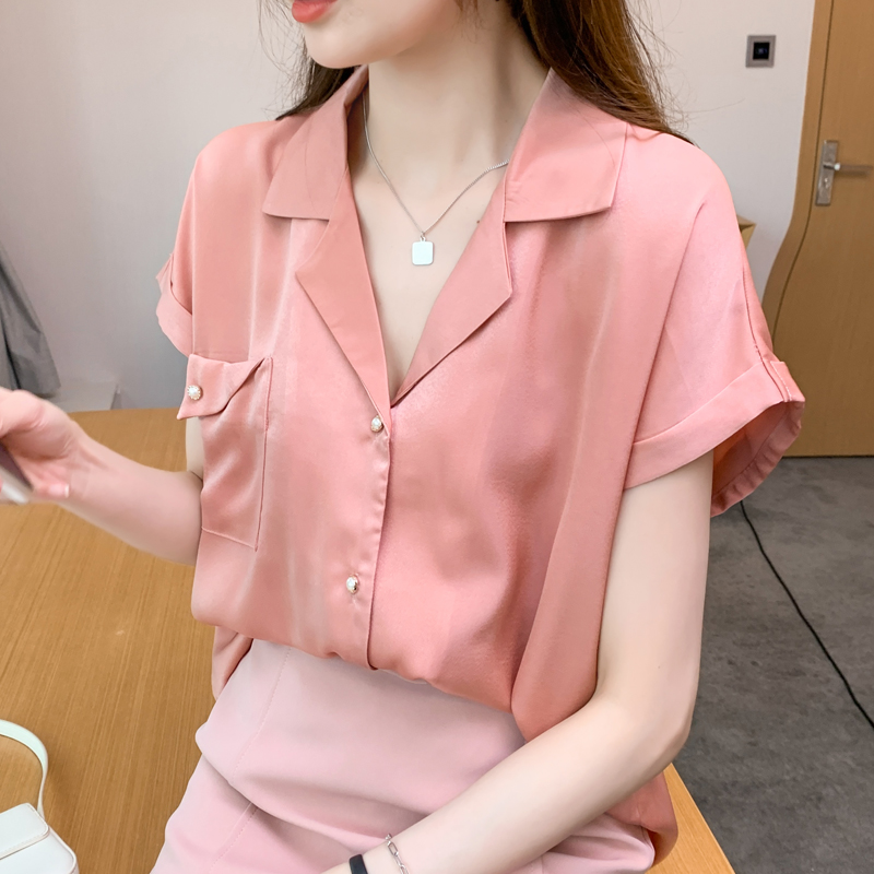 實拍洋氣顯瘦夏季新款女裝短袖翻領純色緞面開衫襯衫打底衫襯衣