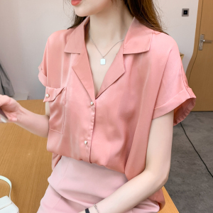 RM20296#洋气显瘦夏季新款女装短袖翻领纯色缎面开衫衬衫打底衫衬衣