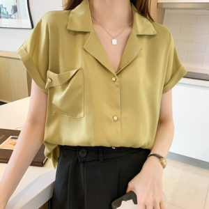 RM20296#洋气显瘦夏季新款女装短袖翻领纯色缎面开衫衬衫打底衫衬衣