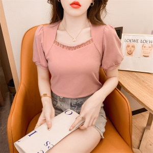 RM15853#夏款重工钉珠设计感小众甜美泡泡袖法式方领短袖t恤上衣