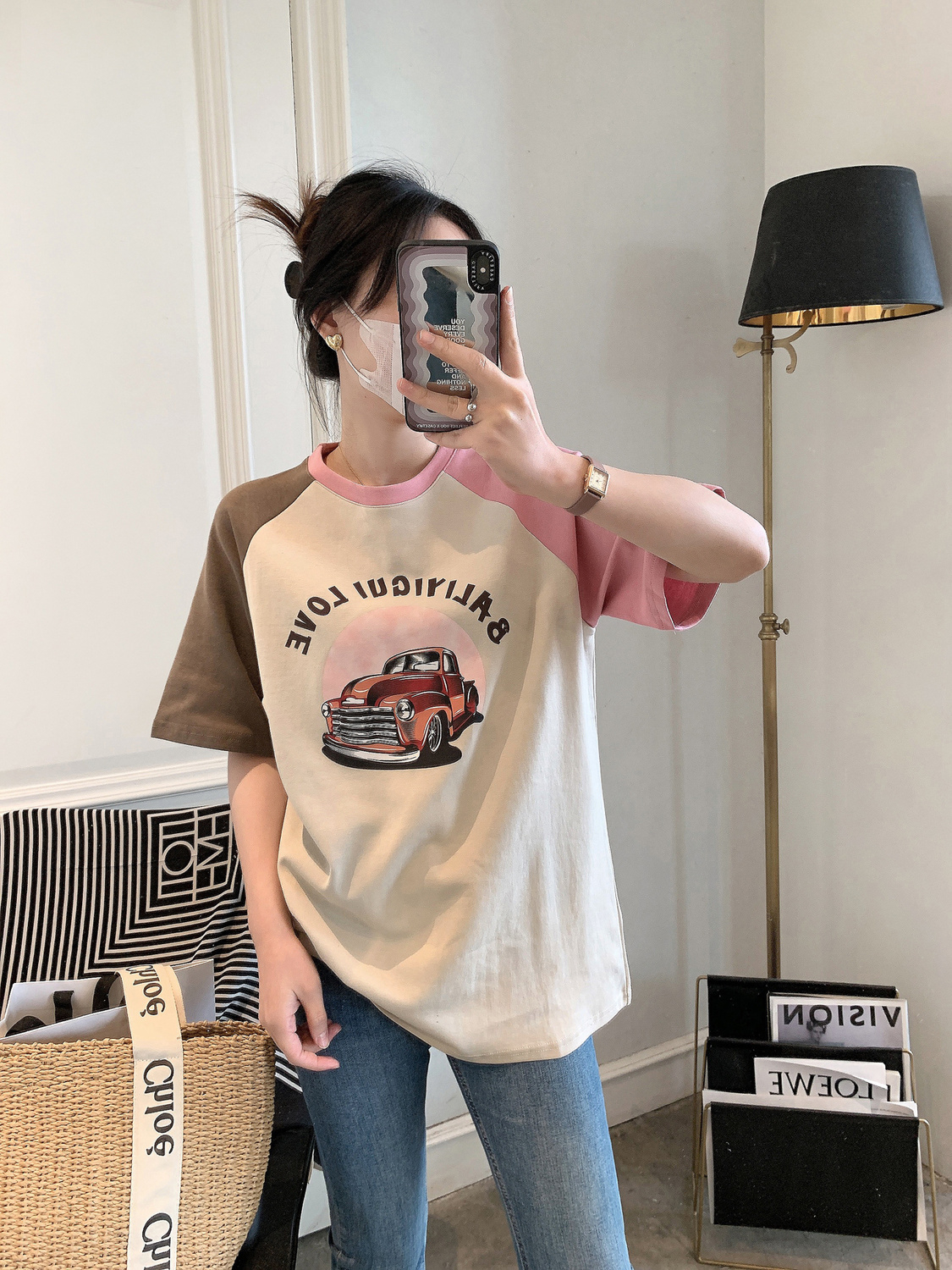Official picture real price 21 cotton 230 grams fashion design cotton color contrast stitching raglan short-sleeved short-sleeved t-shirt for women