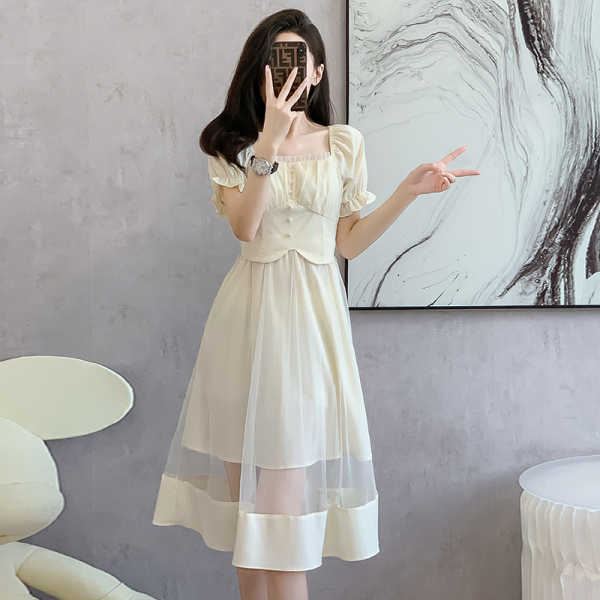 RM16850#法式气质洋气连衣裙2023年夏季新款女装收腰显瘦网纱拼接裙...