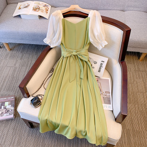 RM15176#法式茶歇绿色温柔风连衣裙女2023新款夏季森系超仙雪纺泡泡袖裙子