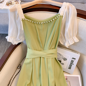 RM15176#法式茶歇绿色温柔风连衣裙女2023新款夏季森系超仙雪纺泡泡袖裙子