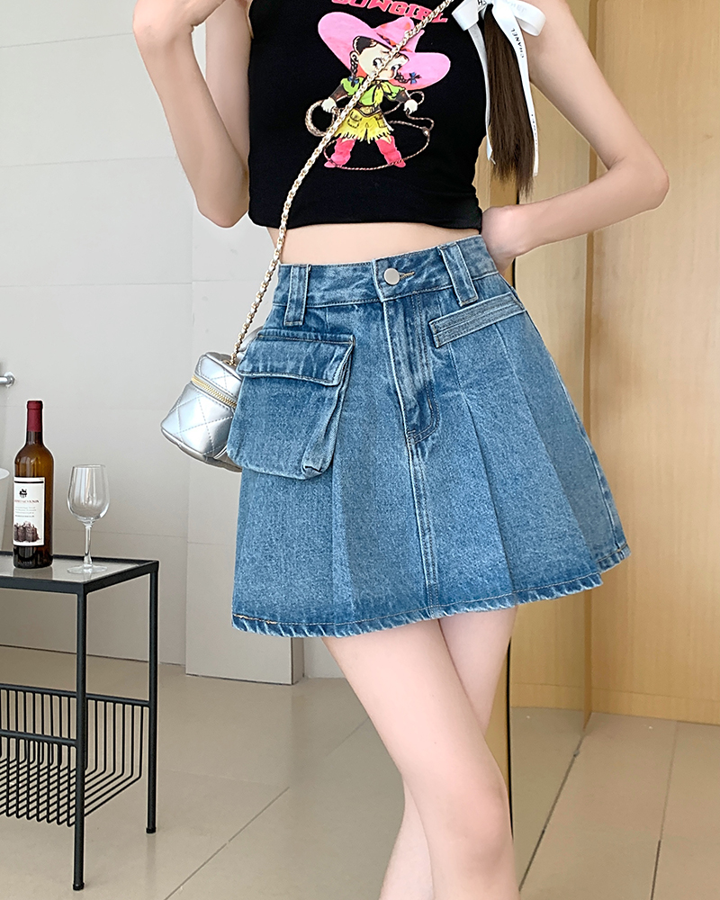 Real price 2023 summer new style side three-dimensional pocket asymmetric pleated high waist denim skirt women