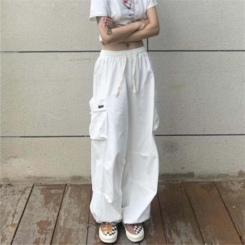Japanese overalls women's white summer thin section loose Korean street trousers men's beamed wide-leg casual pants