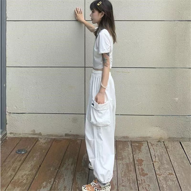 Japanese overalls women's white summer thin section loose Korean street trousers men's beamed wide-leg casual pants
