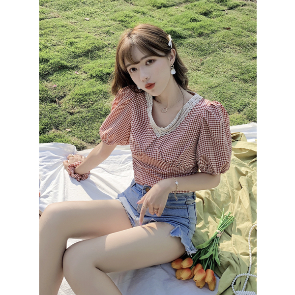 RM16166#夏款实拍小视频韩版女装蕾丝花边拼接格子短袖小衫送发圈