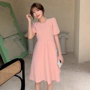 RM19320#夏季新款韩版女装圆领泡泡袖纯色高腰短袖连衣裙