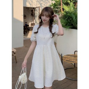 RM19320#夏季新款韩版女装圆领泡泡袖纯色高腰短袖连衣裙