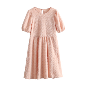RM19320#夏季新款韩版女装圆领泡泡袖纯色高腰短袖连衣裙
