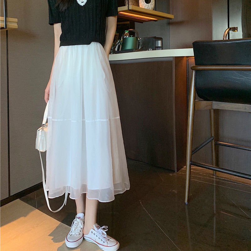 Mesh A-line skirt women's summer Korean version of the new high-waist slimming super fairy skirt