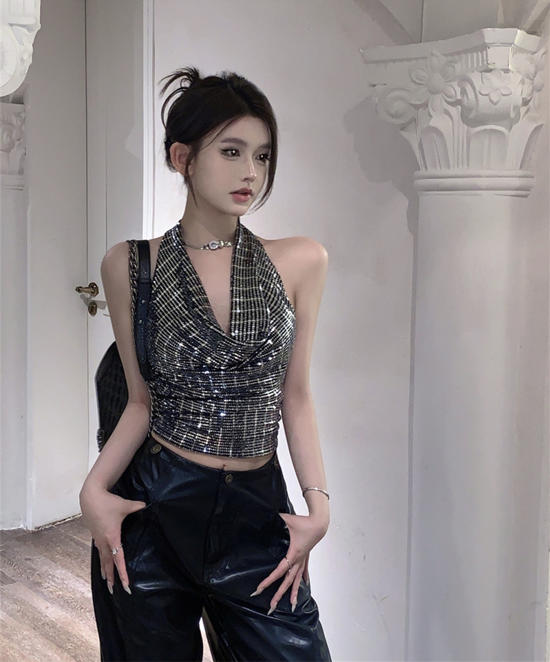 Real shot real price pure desire hot girl bright diamond design sense of thin hanging neck camisole top female