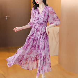 TR46700# 真的桑蚕丝连衣裙女夏季新款高端气质绝美大牌印花紫色长裙子 服装批发女装批发服饰货源