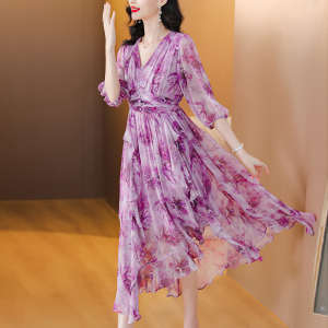 TR46700# 真的桑蚕丝连衣裙女夏季新款高端气质绝美大牌印花紫色长裙子 服装批发女装批发服饰货源