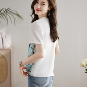 RM15632#印花拼接棉T恤女23新款夏洋气时尚气质简约短袖圆领上衣