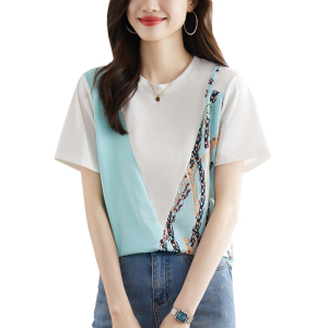 RM15632#印花拼接棉T恤女23新款夏洋气时尚气质简约短袖圆领上衣