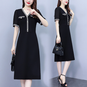 RM19307#法式小香风气质V领连衣裙实拍2023夏新款高端时尚长款黑色裙子