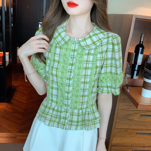 RM19459#夏季新款法式甜美娃娃领设计感小众蕾丝泡泡袖格子衬衫