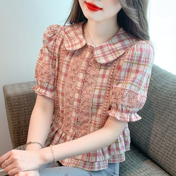 RM19459#夏季新款法式甜美娃娃领设计感小众蕾丝泡泡袖格子衬衫